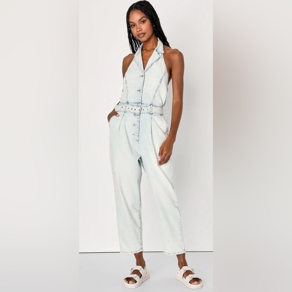 Blank NYC Call My Name Light Wash Denim Collared Jumpsuit Size Small $128 - Picture 1 of 10